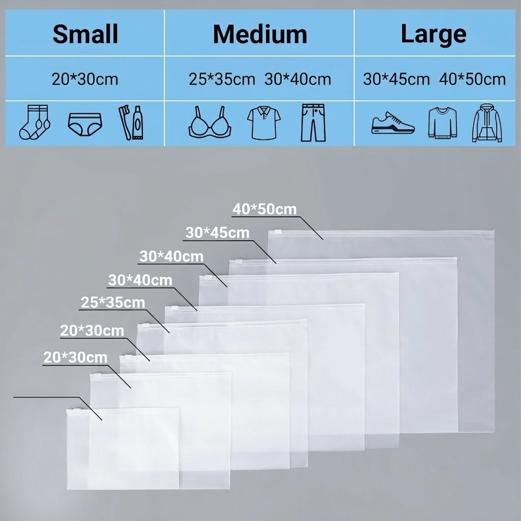 Bolsa Transparente con Cremallera para Ropa, Bolsa de Almacenamiento Impermeable para Viaje y Organización, Pack de 50 Bolsas，Varias Medidas Disponibles - BOLSASYMASBCN.COM
