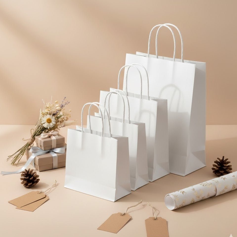 Bolsas de Papel Blanco con Asas Rizadas 90g - 110g Reutilizables para Regalos, Compras y Tiendas - BOLSASYMASBCN.COM