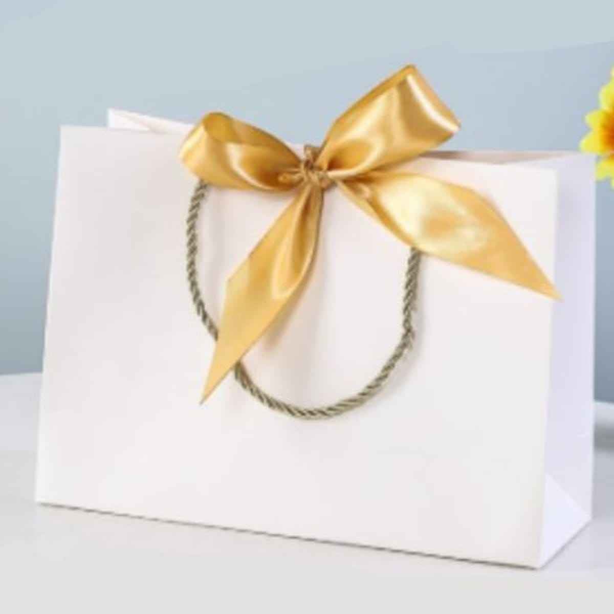 Bolsas de Papel Blanco de Lujo con Lazo Dorado, Bolsas de Regalo para Tiendas y Packaging, Asa Rizada Reforzada, Pack 6 Uds, Varios Tamaños 28X20X10CM