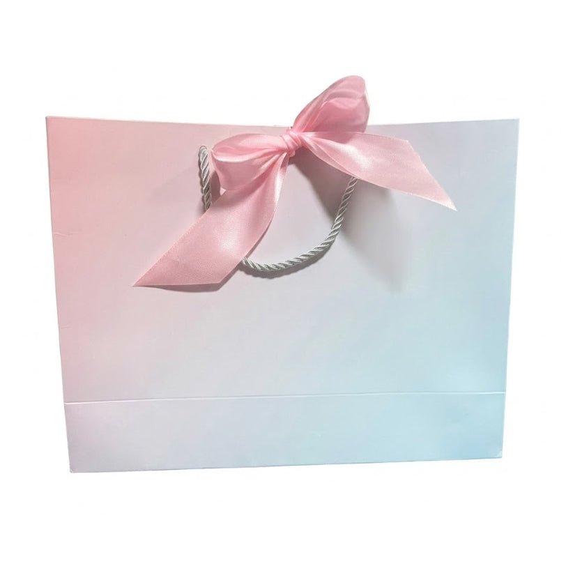 Bolsas de Papel Degradado azul - rosa LUJO con Lazo Rosa, Asa Rizada Gruesa y Papel Reforzado, Bolsas de Regalo Elegante para Tiendas y Packaging, Pack de 6 Unidades, Varios Tamaños Disponibles - BOLSASYMASBCN.COM
