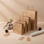 Bolsas de Papel Kraft Marrón con Asas Rizadas 90g-110g Reutilizables para Regalos, Compras y Tiendas