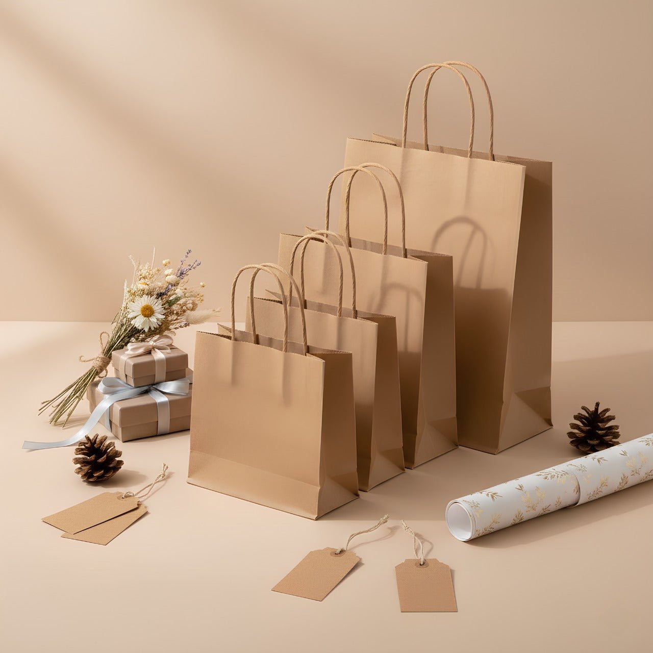 Bolsas de Papel Kraft Marrón con Asas Rizadas 90g - 110g Reutilizables para Regalos, Compras y Tiendas - BOLSASYMASBCN.COM