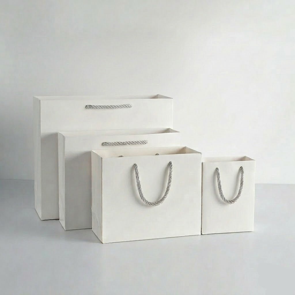 Bolsas de Papel LUJO Blancas con Asa Rizada Gruesa, Bolsas para Regalo, Compras y Tiendas, Papel Resistente para Packaging, Pack de 12 Bolsas, Varios Tamaños Disponibles - BOLSASYMASBCN.COM