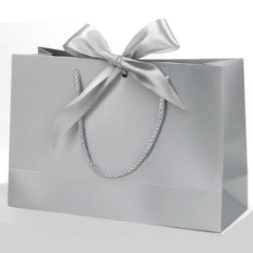 Bolsas de Papel Plata de Lujo con Lazo Plateado, Bolsas de Regalo para Tiendas y Packaging, Asa Rizada Reforzada, Pack 6 Uds, Varios Tamaños 28X20X10CM