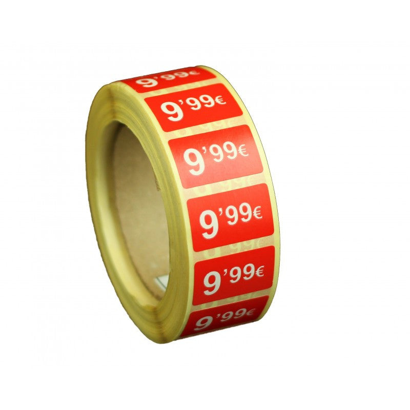 2000 Etiquetes de Preu "0.99€" - Vermell Fluor 25x15mm Rectangular - 2 Rotllo de 1000 Unitats