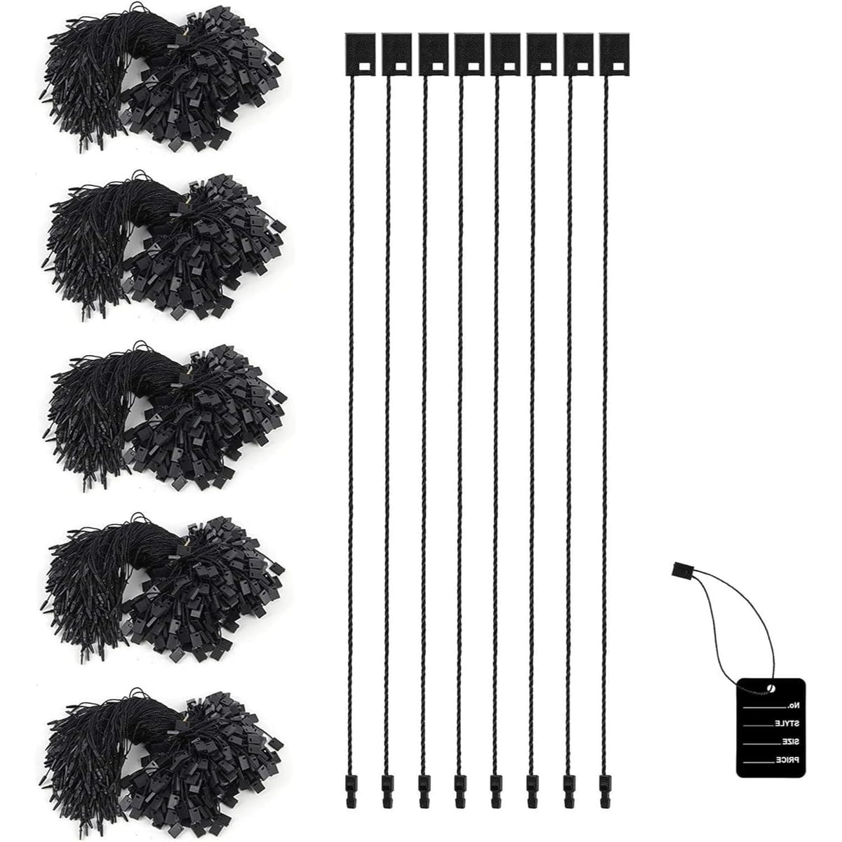 Cuerdas para Etiquetas Colgantes Negras con Cierre de Clic 19,5cm, Pack 1000 Precintos para Etiquetado de Ropa y Productos
