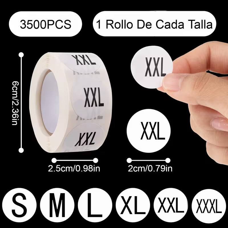 3500 Etiquetas Adhesivas de Talla para Ropa XS-XXXL – 2 cm Diámetro – Blancas con Texto Negro – Pegatinas para Clasificación de Prendas – Opción Mixta: 1 Rollo por Talla (XS/S/M/L/XL/XXL/XXXL)