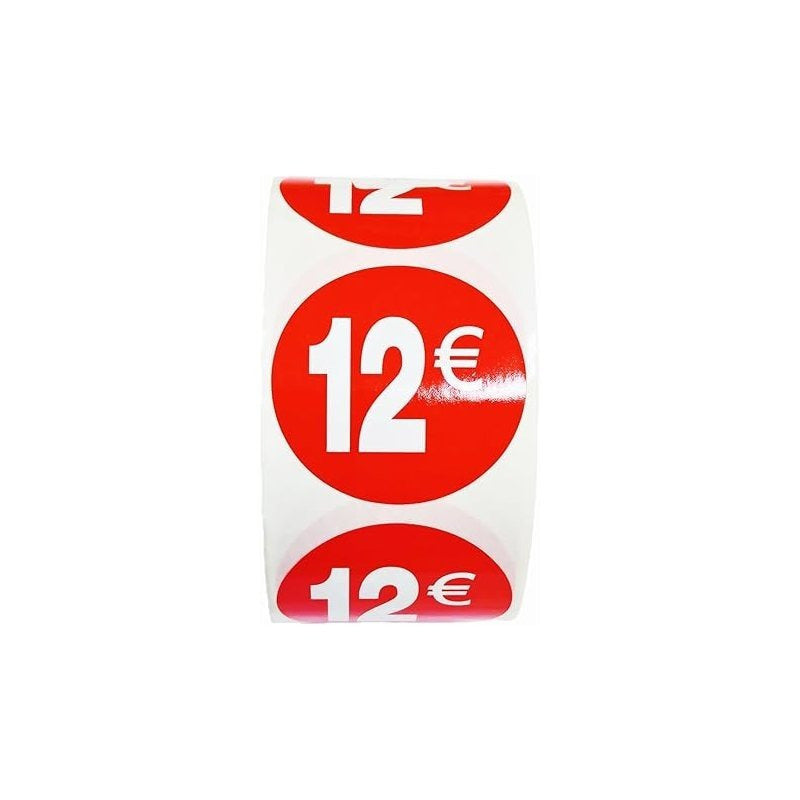 1000 Etiquetas de Precio"12€" - Rojo Flúor Ø 35mm - 2 Rollo de 500 Unidades