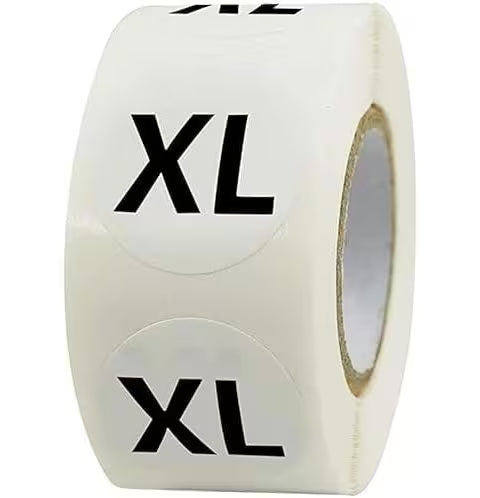 1000pcs Etiquetas Adhesivas de Tallas de Ropa , Pegatinas Autoadhesivas Redondas 2 cm Blanco y Negro, XS–S-M-L-XL-XXL-XXXL (2 Rollos de 500etiquetas) – Adecuadas Para Camisetas, Prendas, Pantalones, Faldas al Por Menor