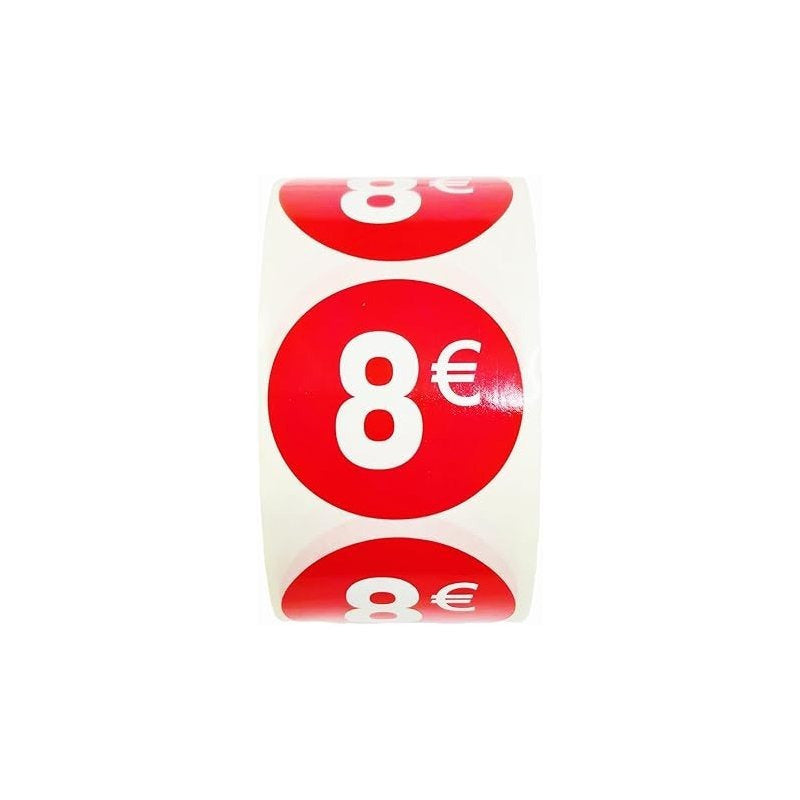 1000 Etiquetas de Precio"8€" - Rojo Flúor Ø 35mm - 2 Rollo de 500 Unidades