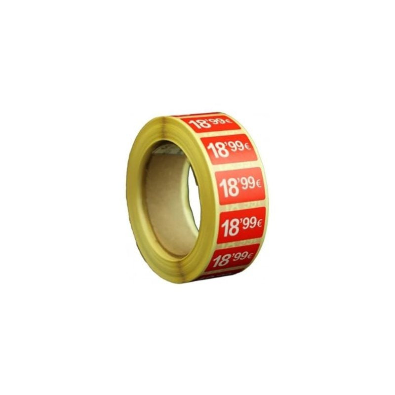 2000 Etiquetes de Preu "0.99€" - Vermell Fluor 25x15mm Rectangular - 2 Rotllo de 1000 Unitats