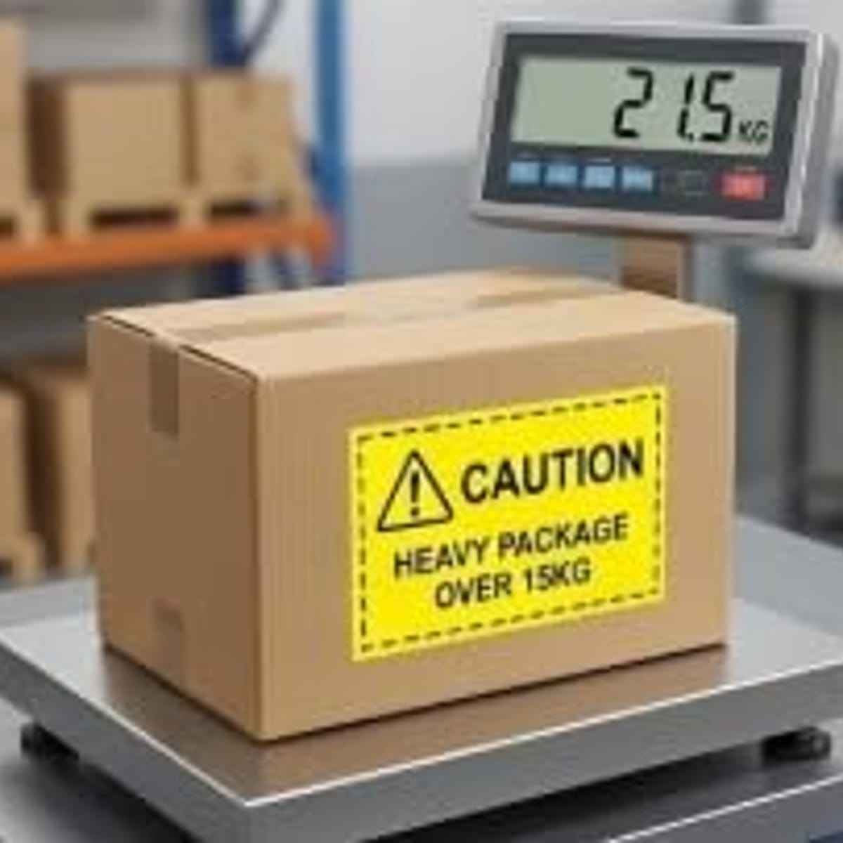 Etiquetas Adhesivas de Advertencia CAUTION HEAVY PACKAGE OVER 15KG 100 x 50 mm para Envíos y Logística 250Etiquetas