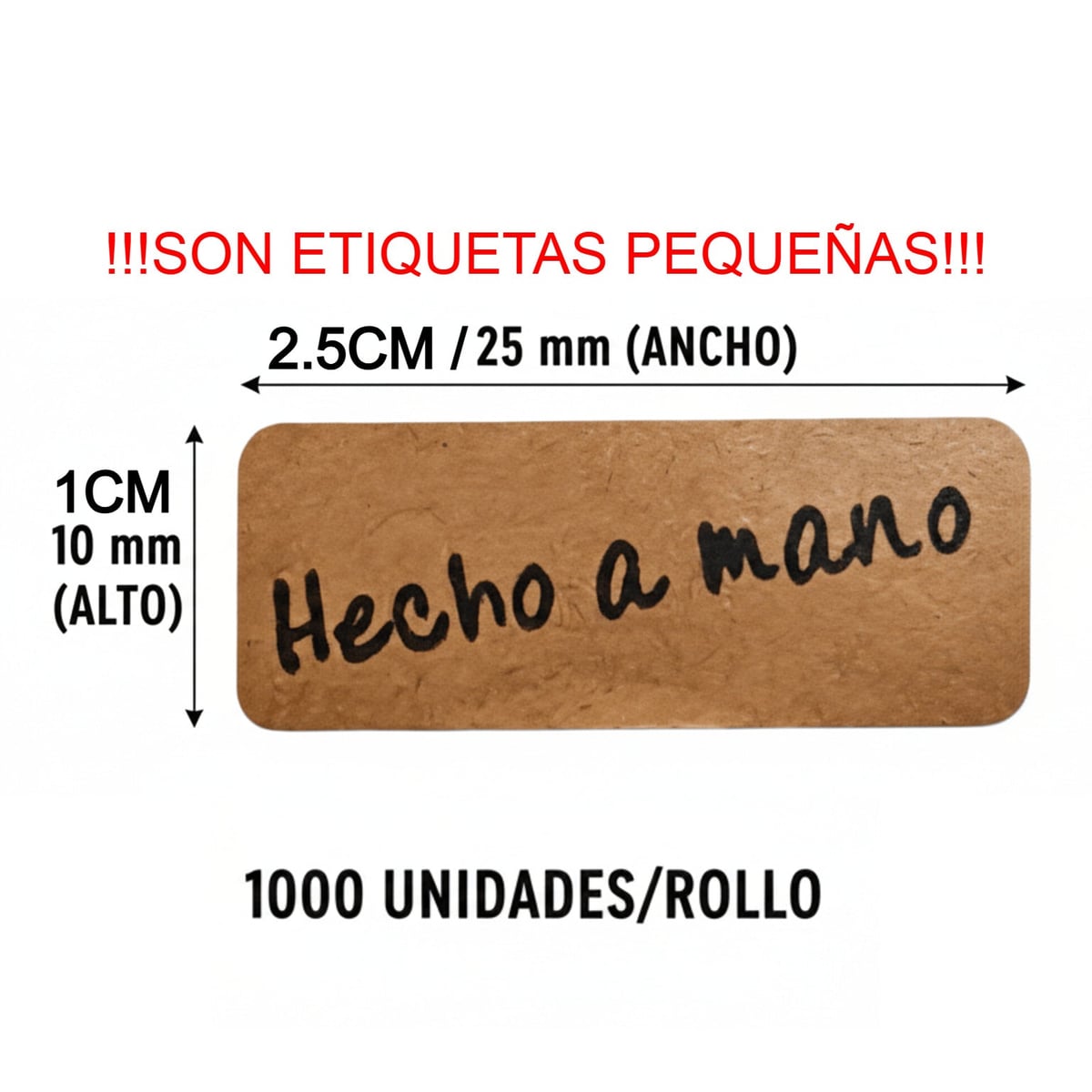 Etiquetas Hecho a Mano Kraft, Pegatinas Adhesivas para Productos Artesanales 25x10 mm, Texto Negro sobre Papel Kraft Marrón, Rollo 500 Uds