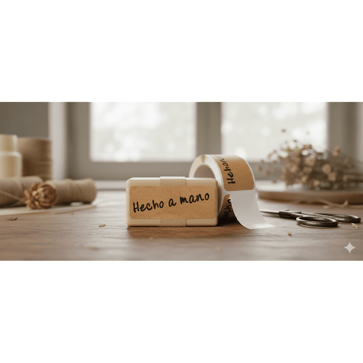 Etiquetas Hecho a Mano Kraft, Pegatinas Adhesivas para Productos Artesanales 25x10 mm, Texto Negro sobre Papel Kraft Marrón, Rollo 500 Uds