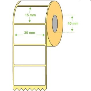 Etiquetas Térmicas Adhesiva Directas 30x15mm – 1500Etiquetas Por Rollos – Núcleo 40 mm, Diámetro 73 mm - BOLSASYMASBCN.COM