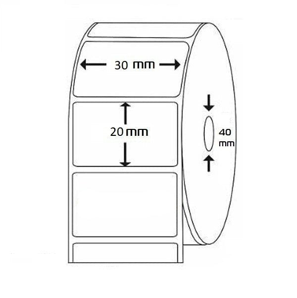 Etiquetas Térmicas Adhesiva Directas 30x20mm – 1000Etiquetas Por Rollos – Núcleo 40 mm, Diámetro 70 mm - BOLSASYMASBCN.COM