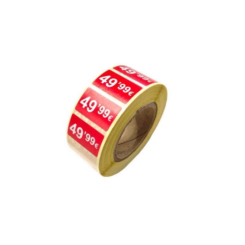 2000 Etiquetes de Preu "0.99€" - Vermell Fluor 25x15mm Rectangular - 2 Rotllo de 1000 Unitats
