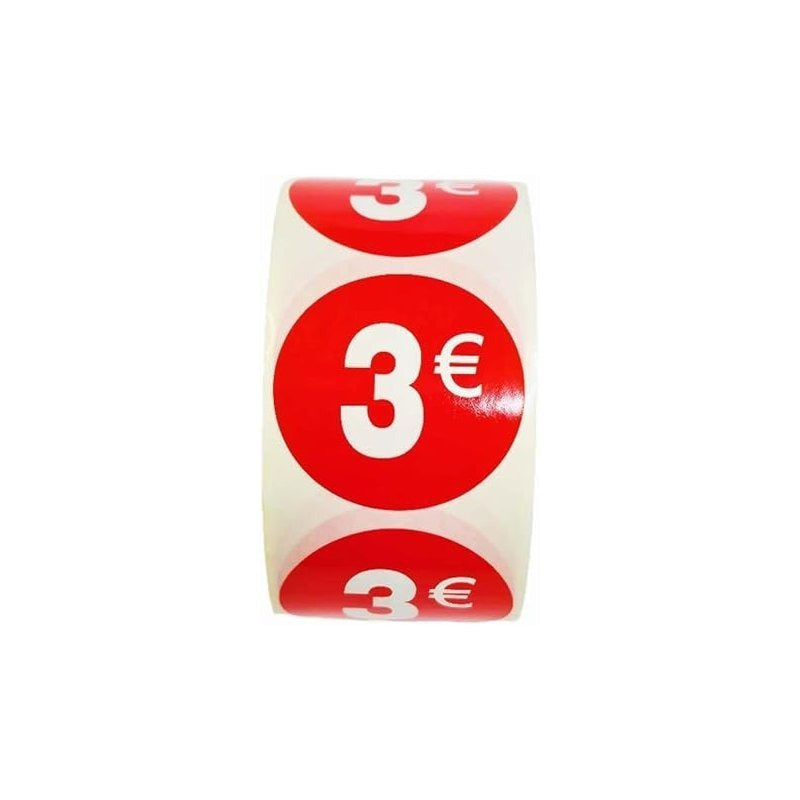 1000 Etiquetas de Precio"3€" - Rojo Flúor Ø 35mm - 2 Rollo de 500 Unidades