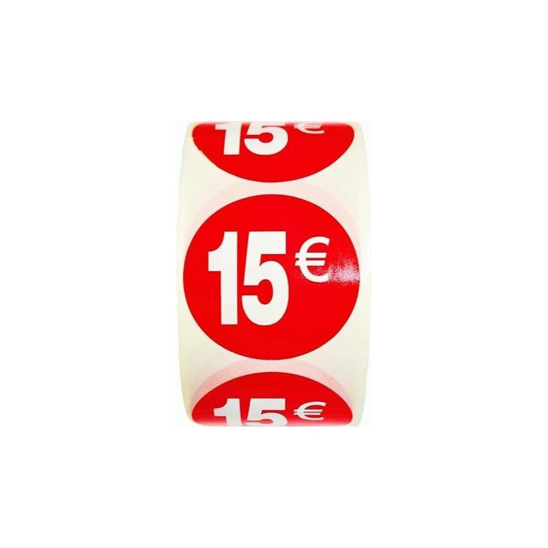 1000 Etiquetas de Precio"15€" - Rojo Flúor Ø 35mm - 2 Rollo de 500 Unidades